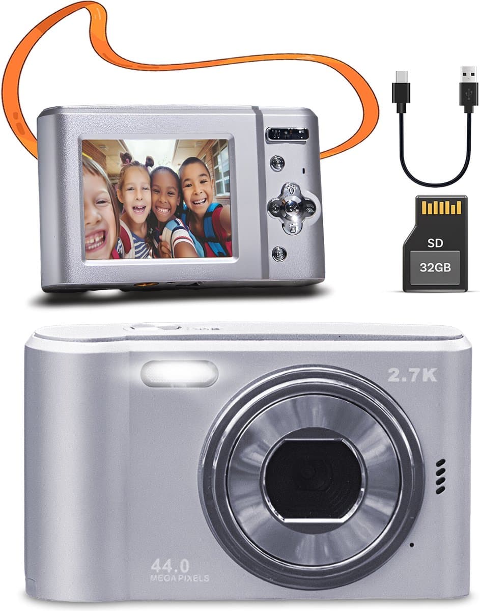 Pora&Co - Digitale Camera - Fototoestel - Digitale Fotocamera - Compact Camera - Vlog Camera - Voor Kinderen - Inclusief 32GB - Zilver