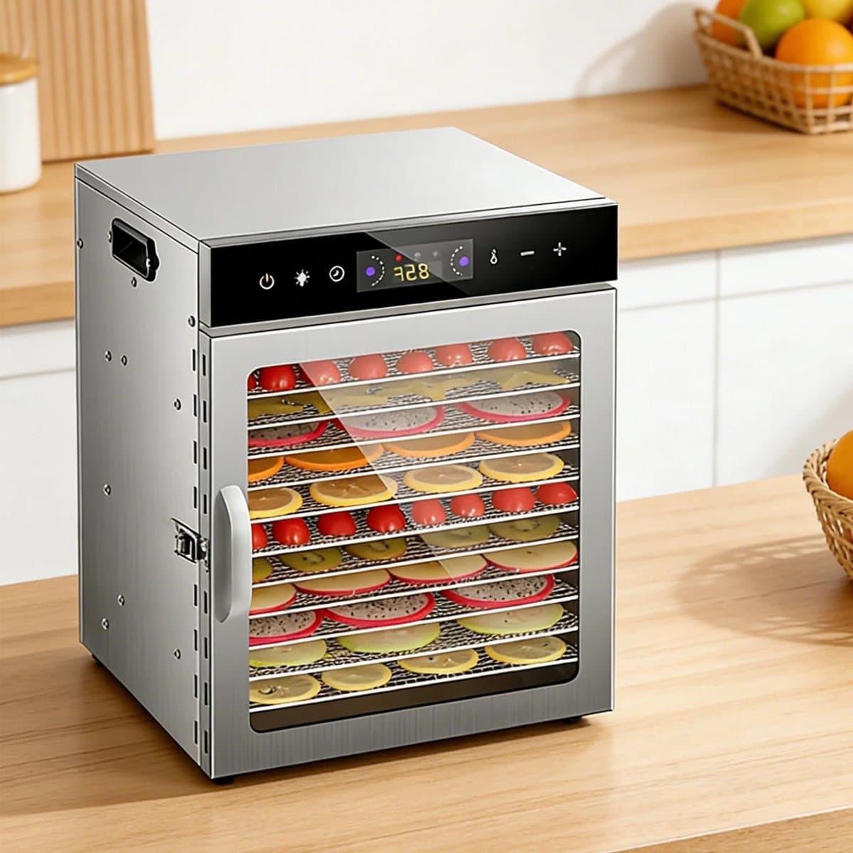 Premium - Voedseldehydrator met LCD Temperatuurregeling en Timer - Fruit Vlees Groenten - 8/12 Bakjes - 400W/800W - 35-90 ° - RVS - Geschikt voor Thuisgebruik - Zwart/Rood - Elektrische Droogoven met Timer, Voedseldroger voor Keuken en Snacks