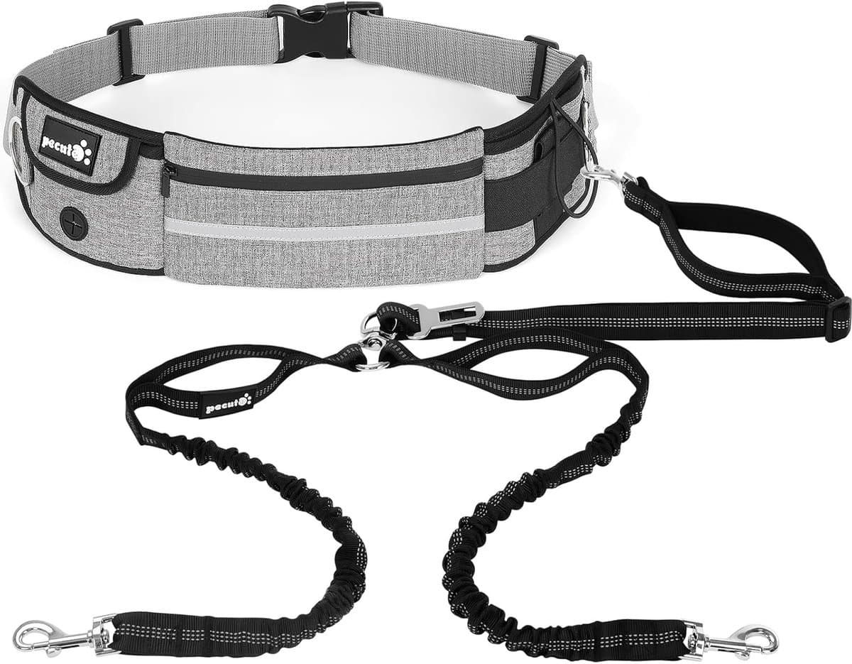 Hondenriem Handsfree - Wandelgordel - Honden uitlaten - Verstelbaar met vakken - 250cm uitrekbaar - Grijs