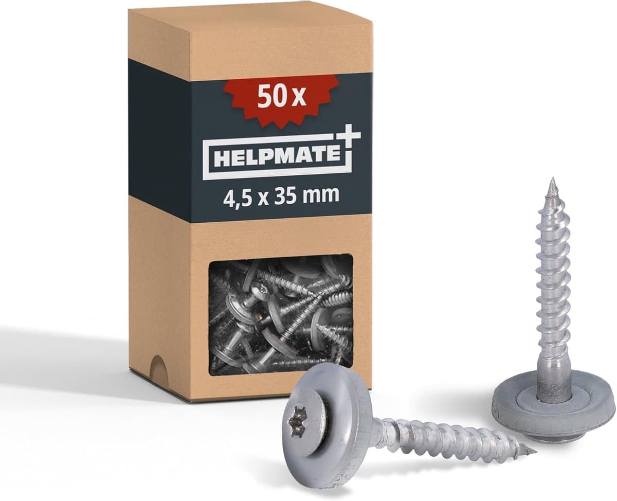 HELPMATE – Loodgietersschroeven 4,5x35 mm, 50 stuks, DIN 7995, roestvrij staal A2, T20, DIN 7995, dakdekkersschroeven, bolkop, met schotelring en EPDM-afdichtingsring, zilver, 4,5 x 35 mm