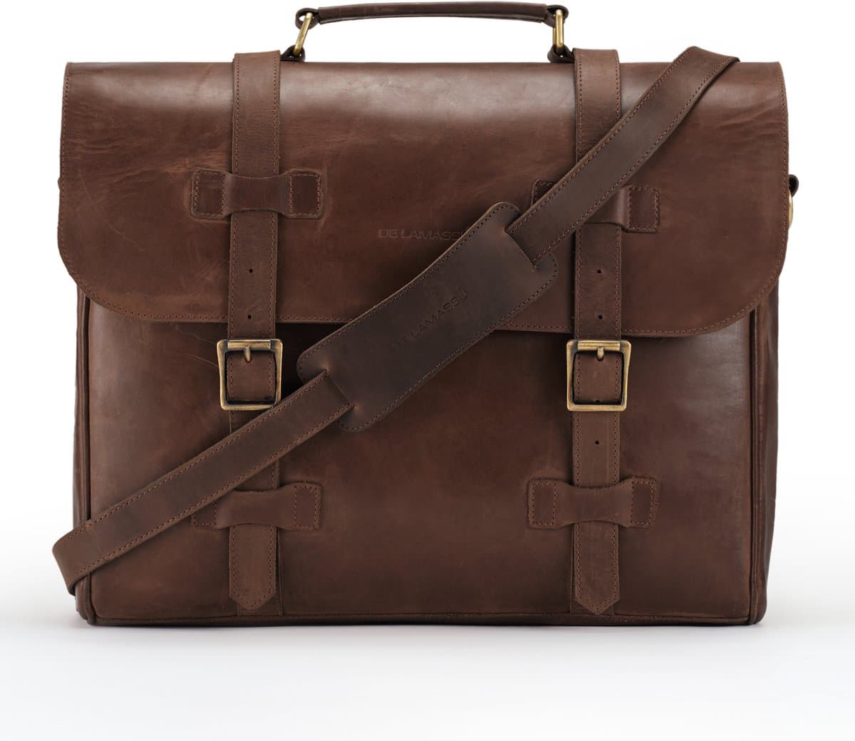 DE LAMASSU® Bastien Leren Aktetas 17 inch – Unisex Business Laptoptas van Volnerf Rundleer – Vintage Werktas met Dubbele Gesp