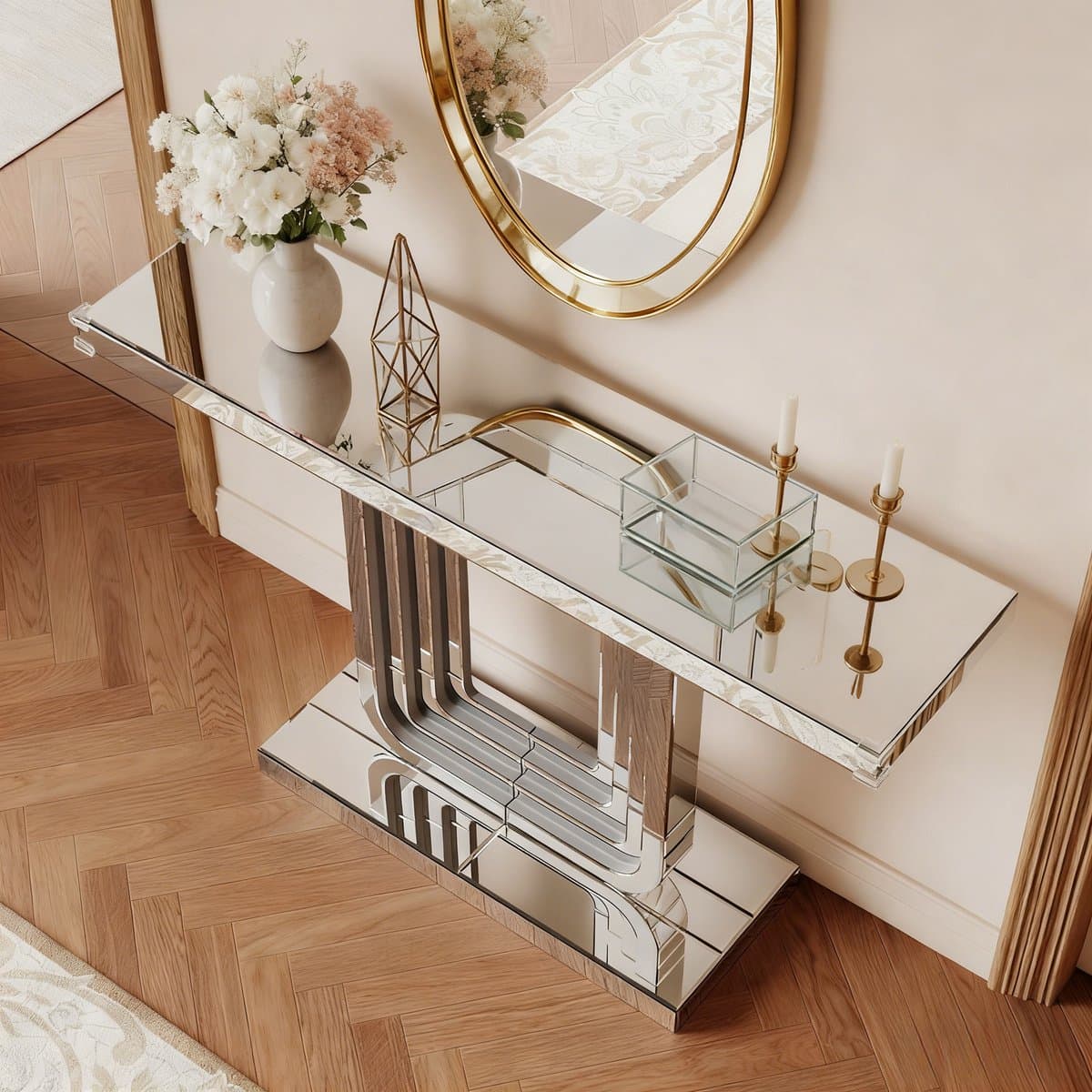 STILVORA Consoletafel - Spiegelblad Met U-Vorm Onderstel - Voor Hal Woonkamer En Slaapkamer - Glas En MDF - Zilver - 120 Cm