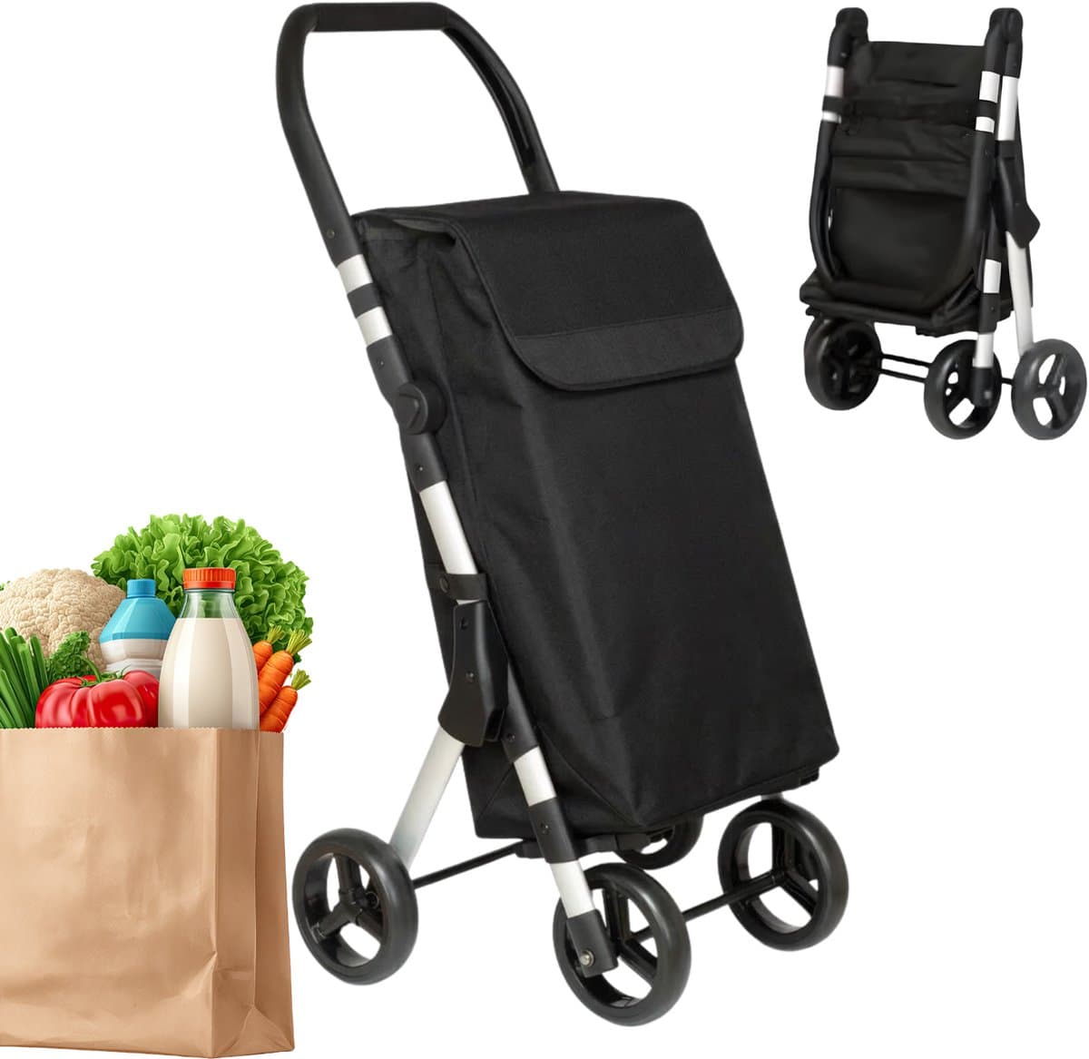 Lomera Boodschappentrolley - Boodschappenwagen - Boodschappentrolley met Wielen - Boodschappenkar - Boodschappentrolley Opvouwbaar - Opvouwbare Boodschappenwagen - Boodschappentrolley Zwart - Boodschappentrolley 4 Wielen