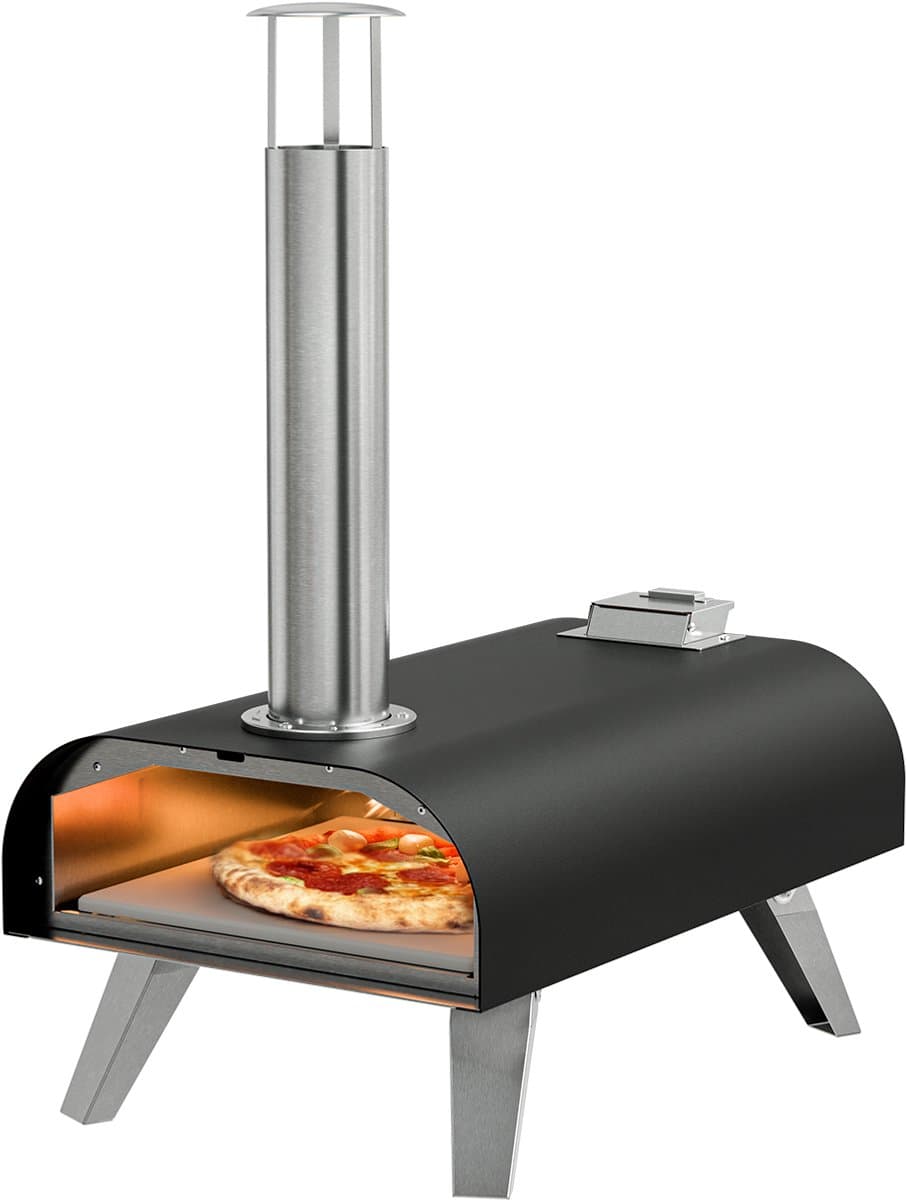 KitchenBrothers Pizza Oven - Houtgestookt - PFAS- & BPA-Vrij - Tafelmodel - Inklapbaar - Pizzasteen - tot 460°C - Pizza maker - Complete Set - Pizzaoven voor Buiten - Zwart/RVS