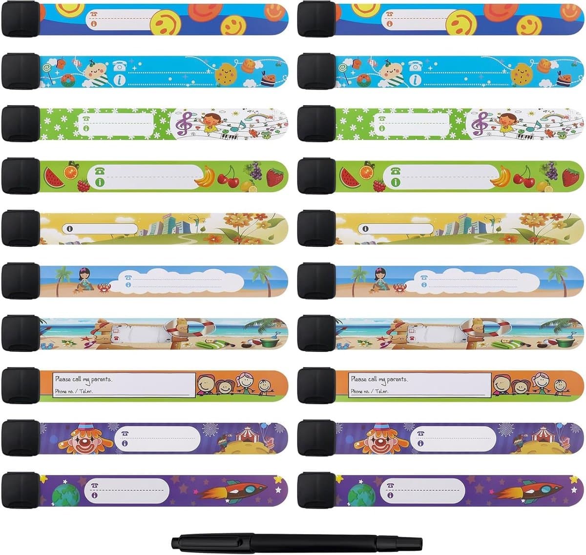 Veiligheidspolsbanden Set - ID Armbanden - Identificatie Kinderen - Herbruikbaar en Verstelbaar - 19.5 x 2.2 cm - Meerkleurig
