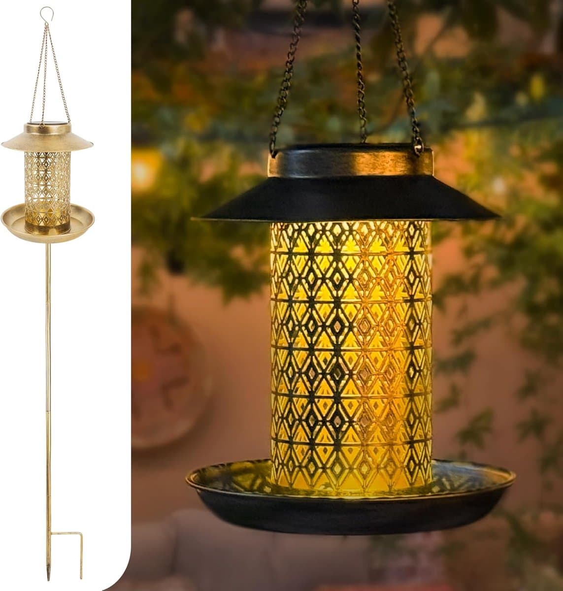 Vogelvoederhuis met Lamp - Tuindecoratie Voederplek - Vogels Voeren - Zonne-energie Verlichting - 87 cm Hoog - Goudkleurig