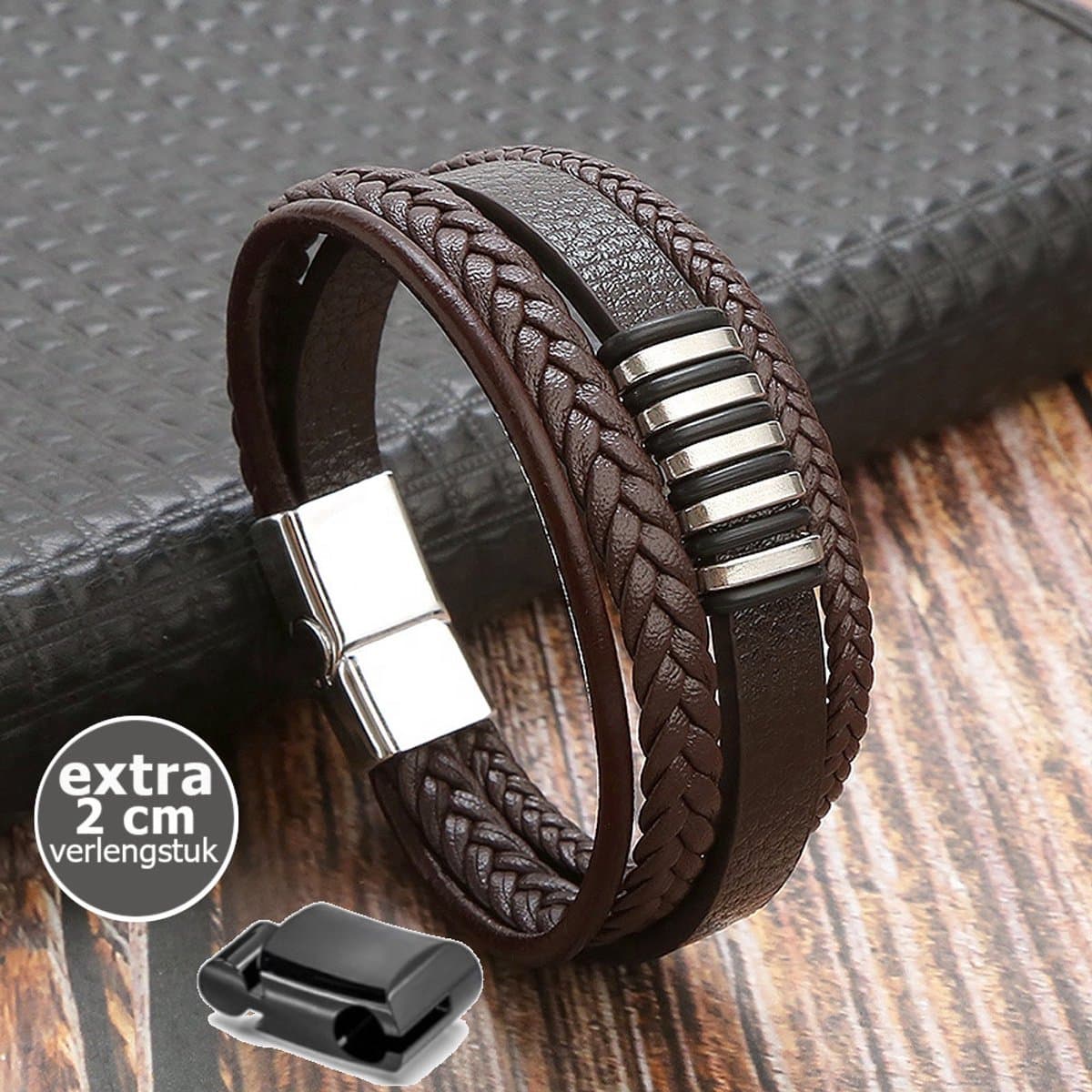 KHRONOX® Armband, Armband Heren, kh05 19 cm BRUIN, Natuurstenen, Armbanden, Leren Armband Heren, Leren Armband, Leren Armbanden, Armbandje, Kunstleer, Mannen, Magnetische Sluiting, + 2 CM Verlengstuk, Verjaardag, Vaderdag, Valentijnsdag, Cadeautje