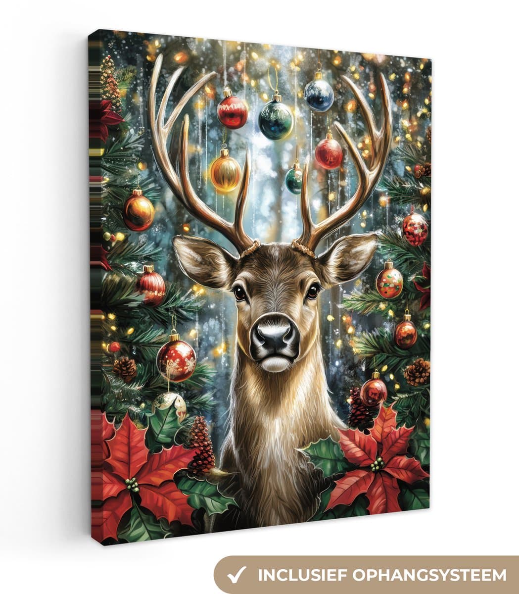 Canvas schilderij 90x120 cm - Exclusieve wanddecoratie Kerstfeest - Dennenbos - Rood - Muurdecoratie woonkamer - Kamer decoratie - Schilderijen op canvas - Kerstdecoratie voor binnen - Kerstversiering - Kerstmis versiering
