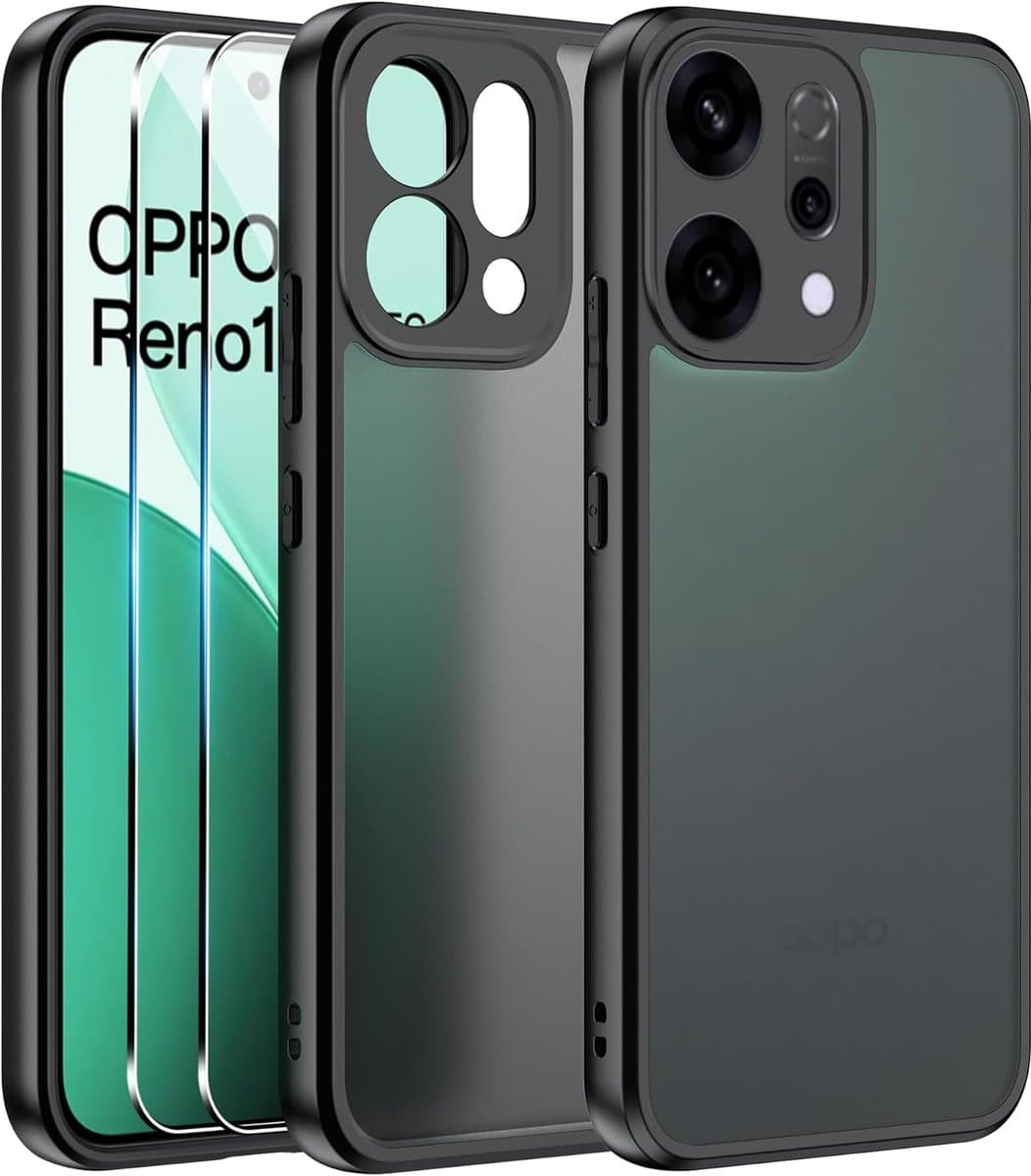 Zandarix Geschikt voor Oppo Reno 14 - 2 Screenprotector - Mat acryl - Volledige camerabescherming - Back Cover Hoesje - Zwart