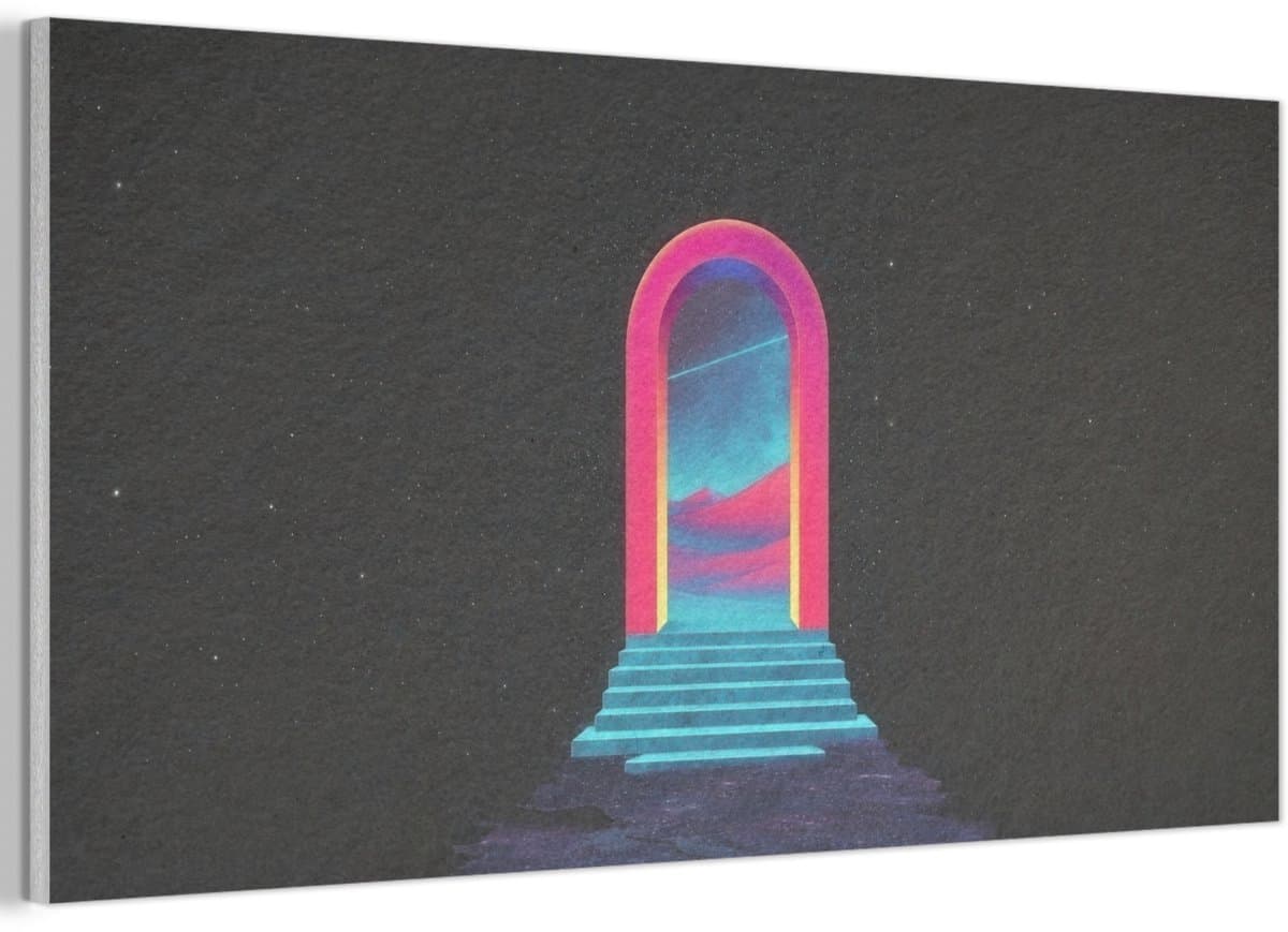 Akoestisch wandpaneel 80x40 cm - Vilt schilderij Poortje - Landschap - Sterrenhemel - Roze - Akoestische panelen - Geluidsdempende wanddecoratie - Geluidsisolatie woonkamer - Muurdecoratie geluidspanelen