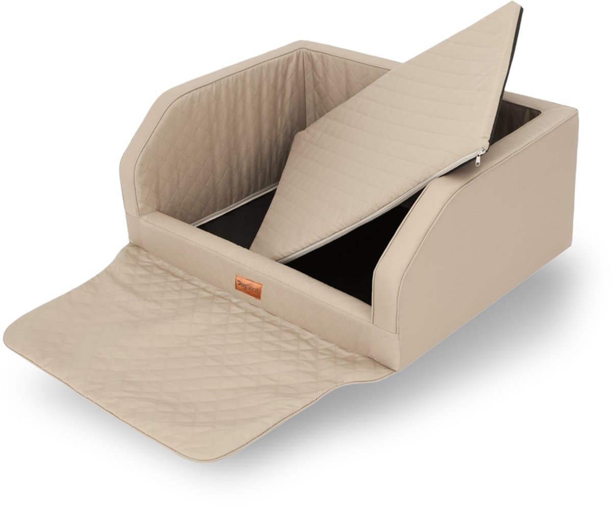 Hondenmand Auto Kofferbak – DogSeat® Bella Adventure – Luxe Premium Design – Beige Oxford Stof – Medium – Waterafstotend – Met Veiligheidsriemen – Voor 1 of 2 Honden