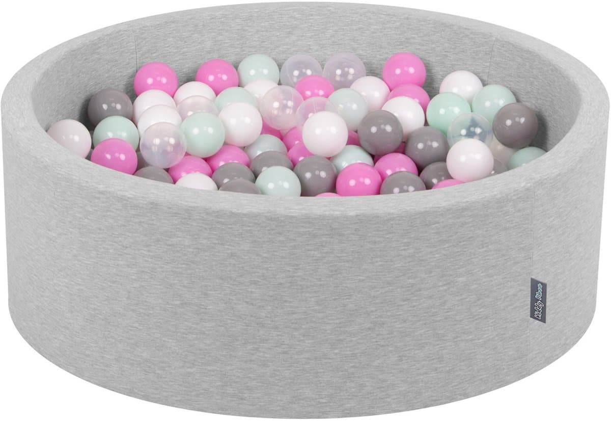 KiddyMoon ballenbad 90x30cm/300 ballen ∅ 7cm ballenbad met kleurrijke ballen voor baby's kinderen rond, lichtgrijs:transparant/grijs/wit/roze/mint
