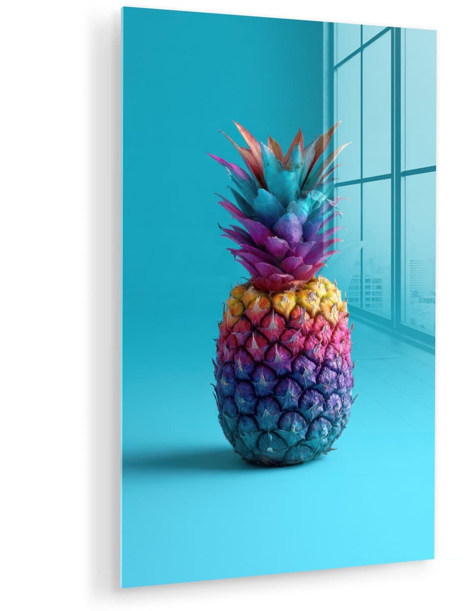 MuchoWow® Glasschilderij 60x90 cm - Schilderij acrylglas - Ananas - Regenboog - Blauw - Popart - Foto op glas - Muurdecoratie woonkamer - Wanddecoratie slaapkamer - Schilderijen
