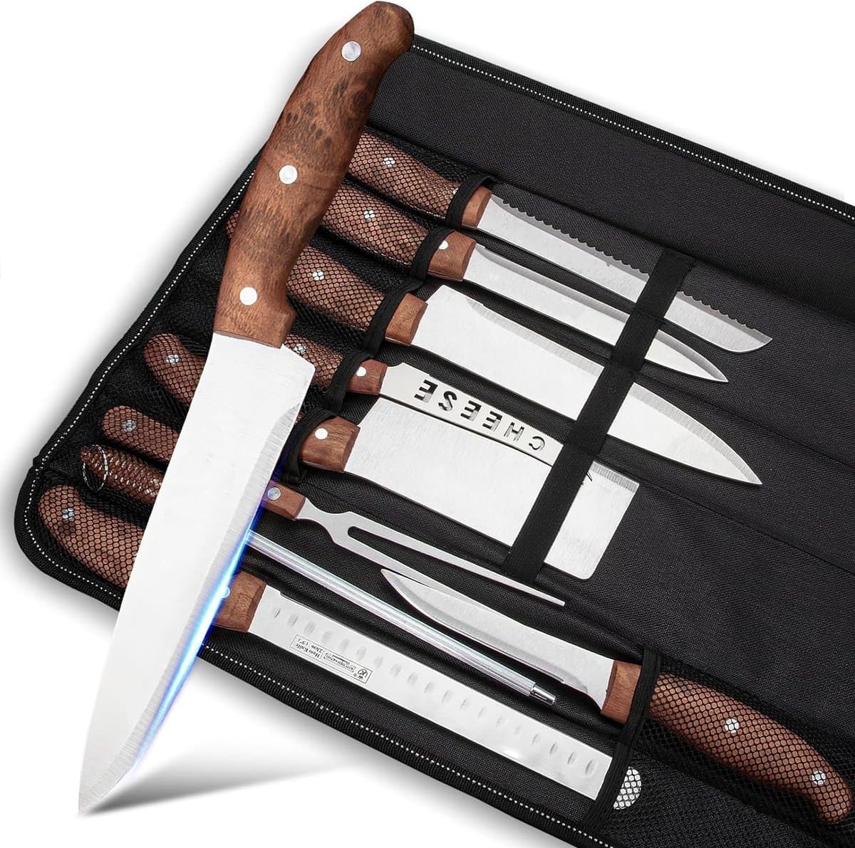 Royalty Line® K9C Messenset - 9 Delige Keuken Messensets met Opbergtas - Keukenmes - Koksmessen Set - RVS - Met Zak - RVS / Houtlook