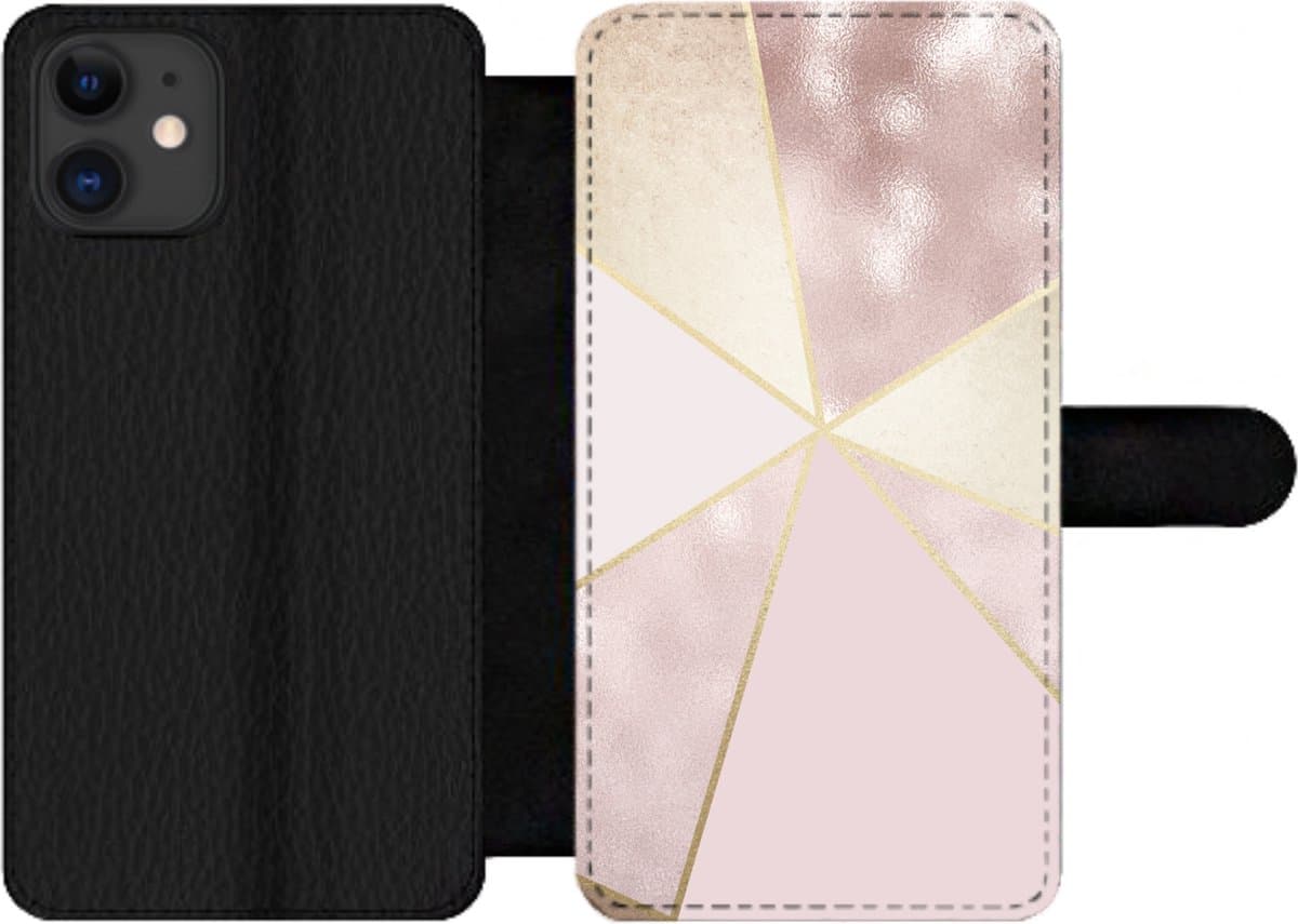 Telefoonhoesje Geschikt voor iPhone 12 Pro Max telefoonhoesje - Marmer print - Roze - Goud - Chic - Met vakjes - Wallet case met magneetsluiting