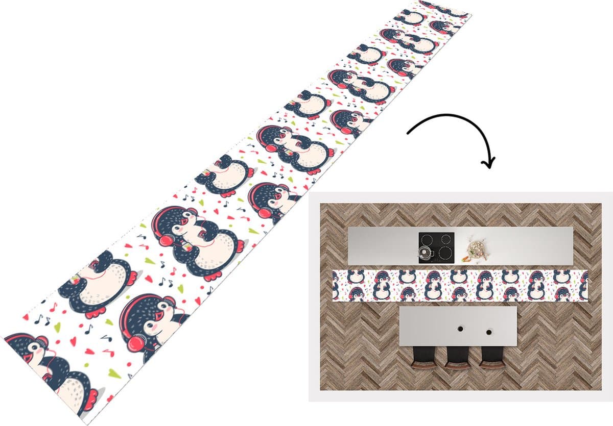 Keukenloper - Keukenmat - Pinguïn - Muziek - Koptelefoon - Kinderen - Patroon - 480x60 cm - Keuken vloerkleed