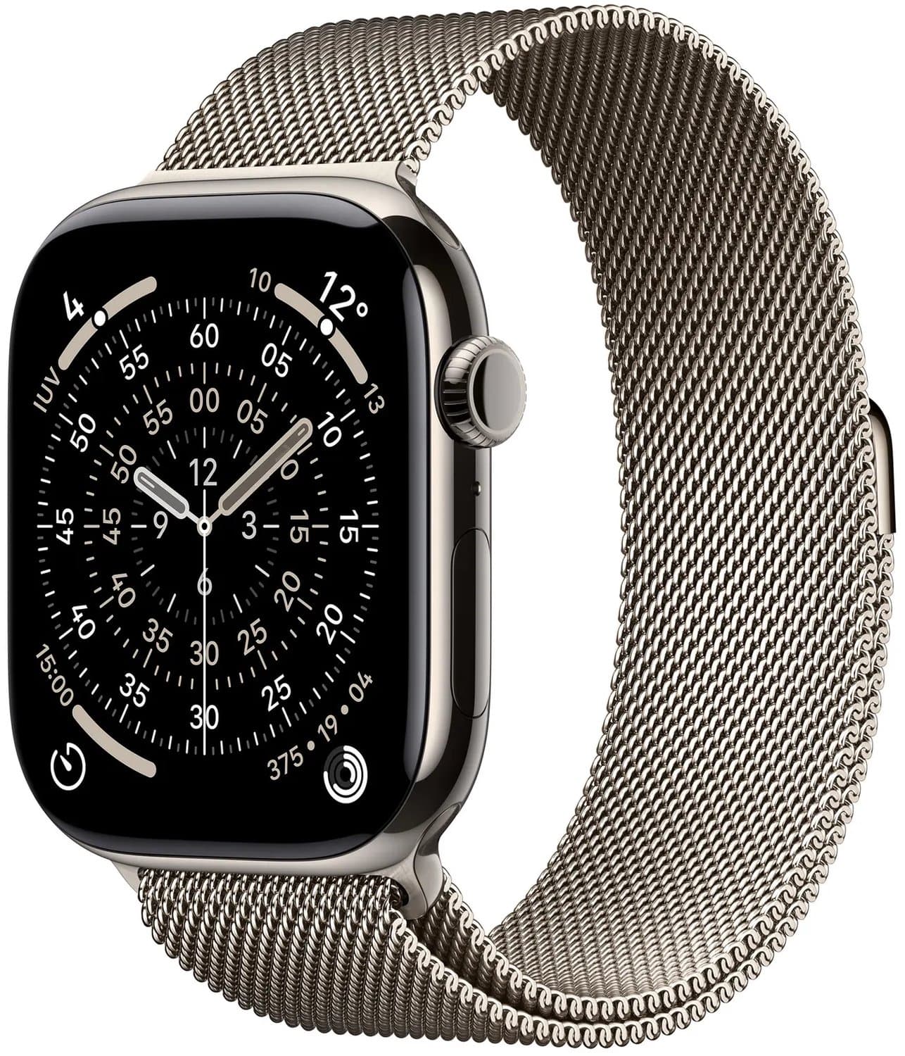 Apple Watch Serie 11 GPS + Mobiel 46 mm– Natuurlijk titanium kast met natuurlijke Milanese band – M/L