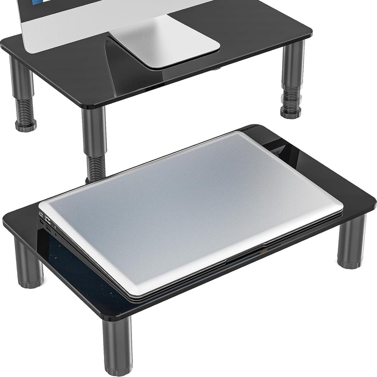 2 Pack Computer Monitor Stand Riser met in hoogte verstelbare Multi Media Desktop Stand voor Computers, Laptops & TV's, Zwart HD01B-202P