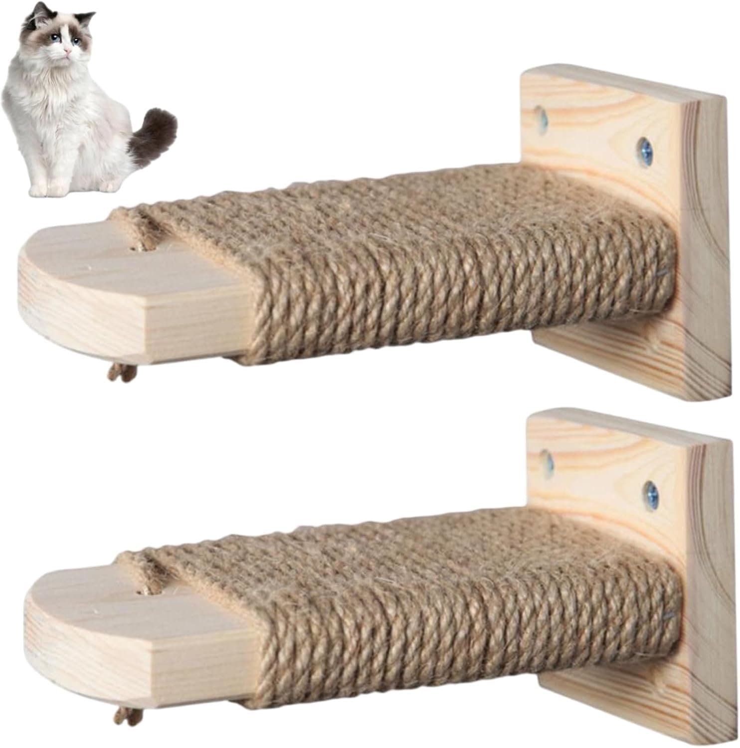 Kattenwandplanken, 2 stuks kattenwandtrappen, houten planken met jute touw bedekt, ruimtebesparend kittens meubilair voor springen, spelen en loungen