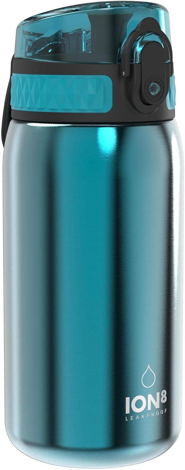 ION8 lichtgewicht roestvrijstalen waterfles voor kinderen, 400 ml/13 oz, niet geïsoleerd, lekvrij, eenvoudig te openen, veilige vergrendeling, vaatwasserbestendig, past in bekerhouders, draaggreep, metalen waterfles, metallic aqua