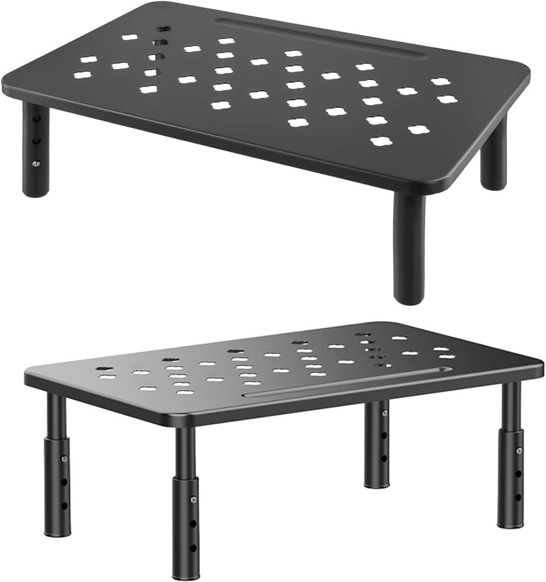 Set van 2 Zwarte Monitorstands, 37 x 23 cm, Verstelbaar in 3 Hoogtes, Ideaal voor Laptop, PC en Printer tot 20 kg