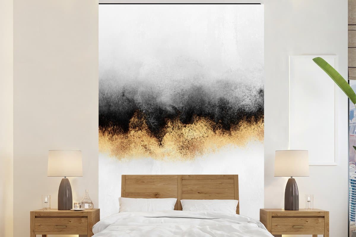 Behang - Fotobehang Goud - Chic - Abstract - Zwart - Wit - Luxe - Breedte 155 cm x hoogte 240 cm