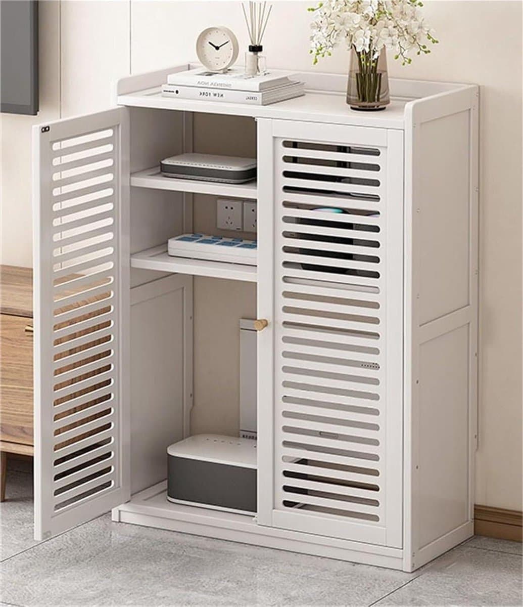 Router Opbergkast - Media Organizer - Netwerk Apparaten Opbergen - Signaal Doordringend Bamboe - 82 cm Hoog - Wit