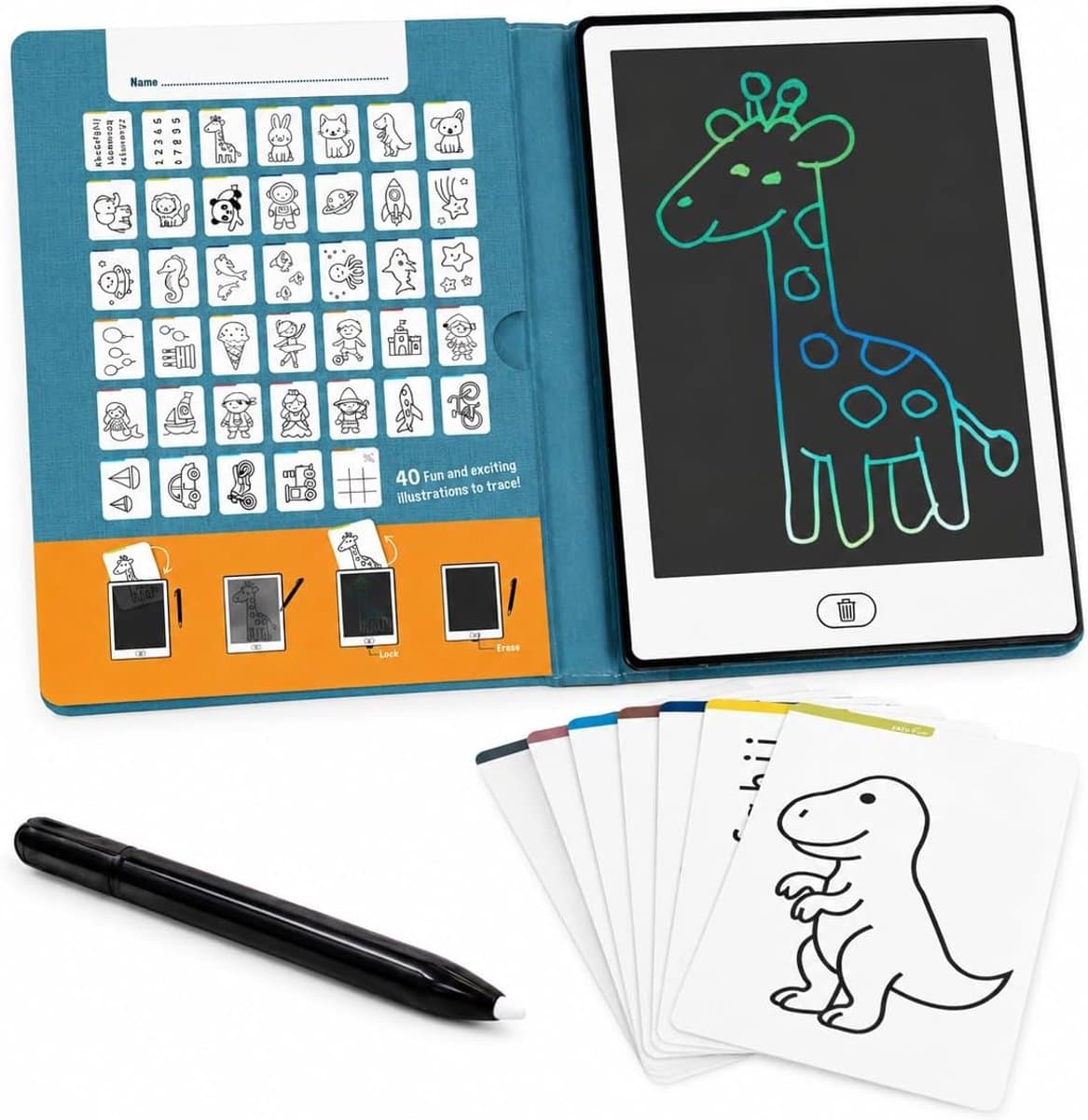 Thijox - Fun LCD-tekentablet voor kinderen, 8,5 inch tekentablet met 40 modelkaarten, pen, wisfunctie en vergrendelingsknop, creatief educatief speelg