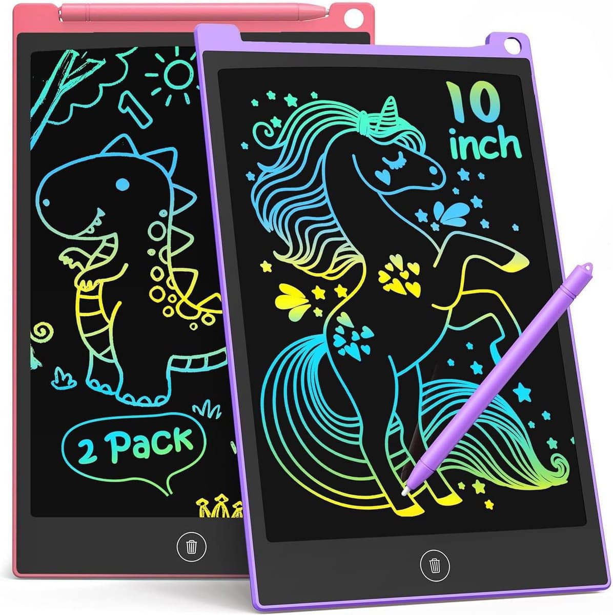 Thijox - 2 stuks LCD-schrijftablet 10 inch kleurrijk doodle board voor kinderen, elektronische tekentablet, tekenpads voor 3-6 jaar, roze en paars, id