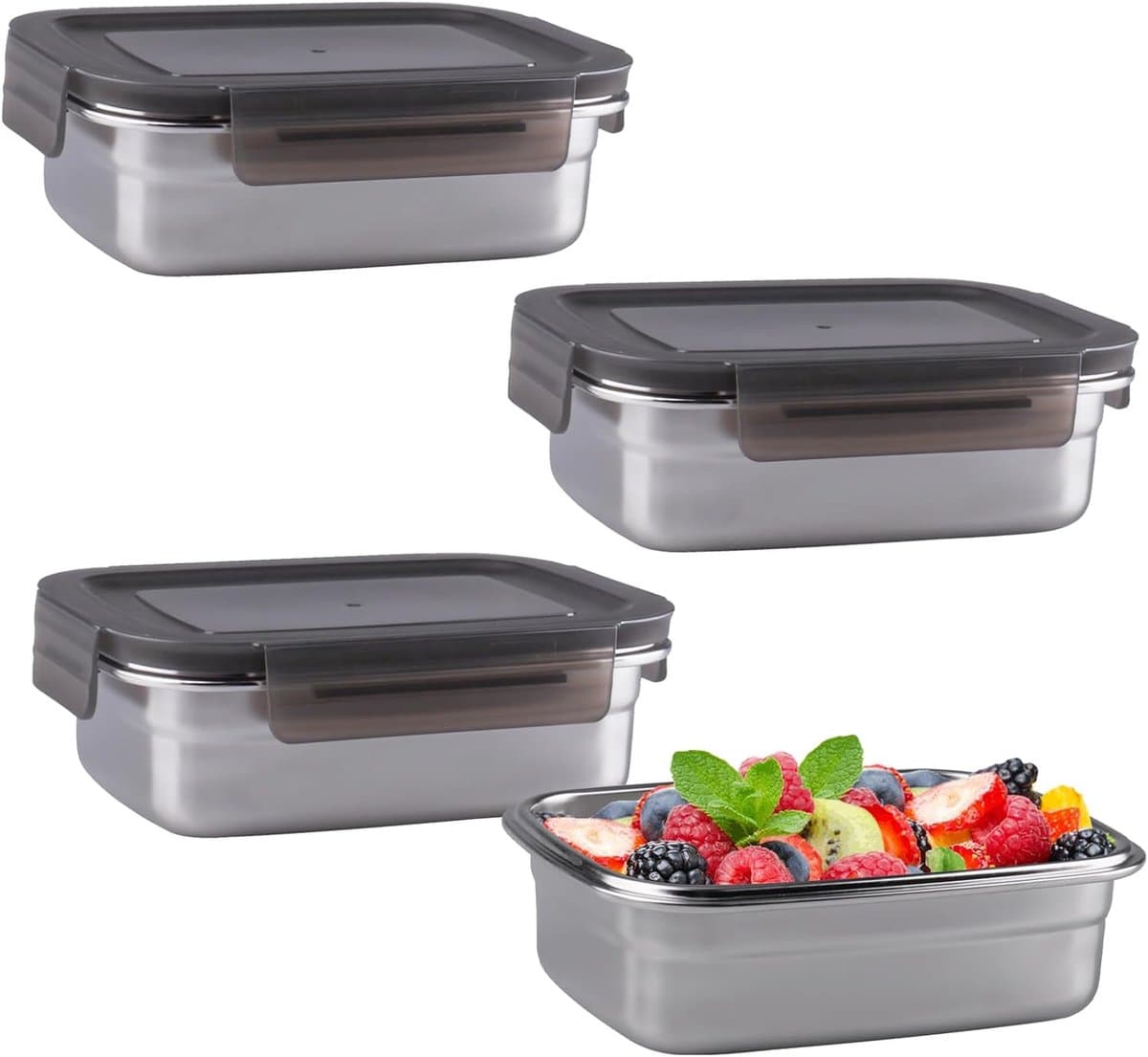 4 Roestvrijstalen Voedselcontainers met Deksel - Luchtdicht en Herbruikbaar - Ideaal voor Koelkast, Organizer voor Kaas, Fruit en Vlees - 650 ml