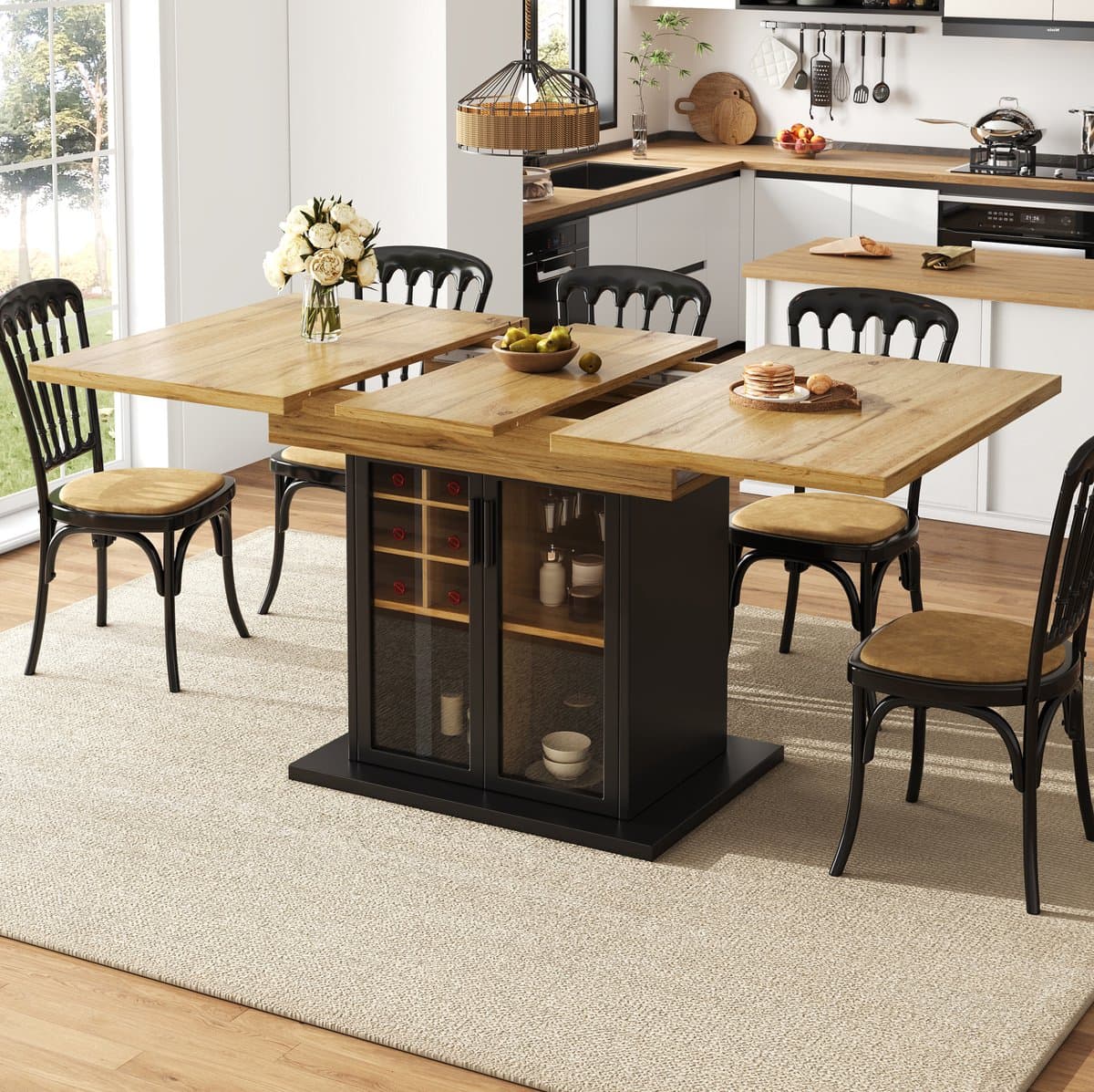 MEUNIQ uitschuifbare eettafel 110-140 x 80 x 76 cm met wijnrek, glazen deur en Soft-Close, MDF en metaal, rechthoekige tafel voor keuken en eetkamer, zwart