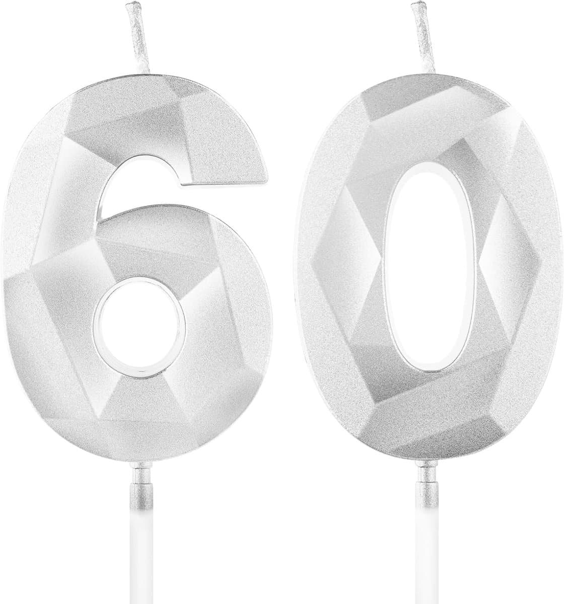 Zilveren 60e verjaardag kaarsen, nummer 60 gelukkige verjaardag kaarsen, zilveren taarttopper decoraties voor verjaardagsfeestje, huwelijksverjaardag viering levering voor mannen vrouwen