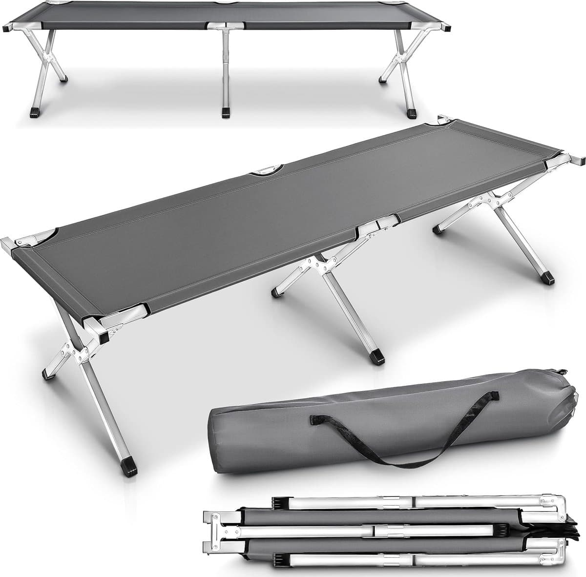 Kampeerbed - Veldbed opvouwbaar - Buiten slapen - Robuust metalen frame - 190x64x44 cm - Grijs