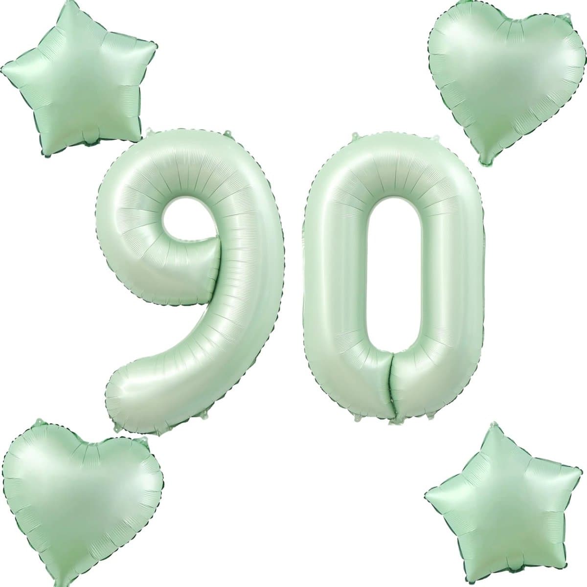 Olijfgroene Folieballonnen - Cijfer 90 + 4 Hart/Ster Ballonnen
