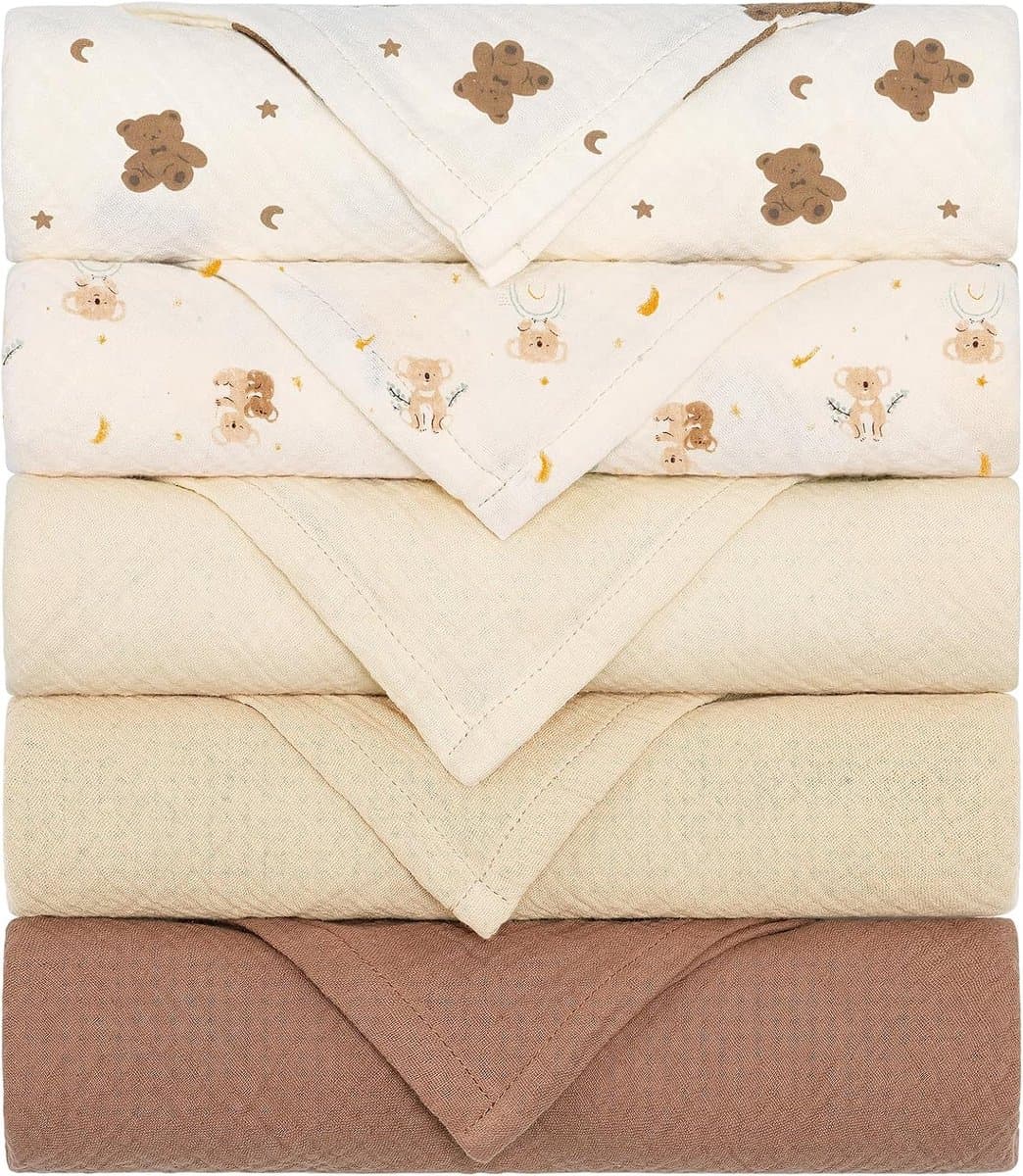 SnelShoppen - Mull Cloths Baby Burp Cloths 100% Katoen Absorberend 60 x 60 cm Set van 5 voor Pasgeborenen Jongens en Meisjes Bruin Beer Multi-Function