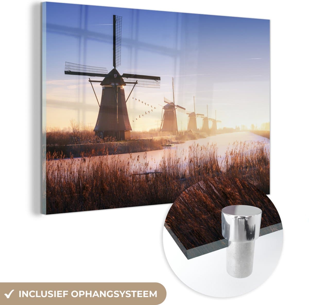 ® Glasschilderij 180x120 cm - Schilderij acrylglas - De molens op de Kinderdijk - Foto op glas - Muurdecoratie woonkamer - Wanddecoratie slaapkamer - Schilderijen