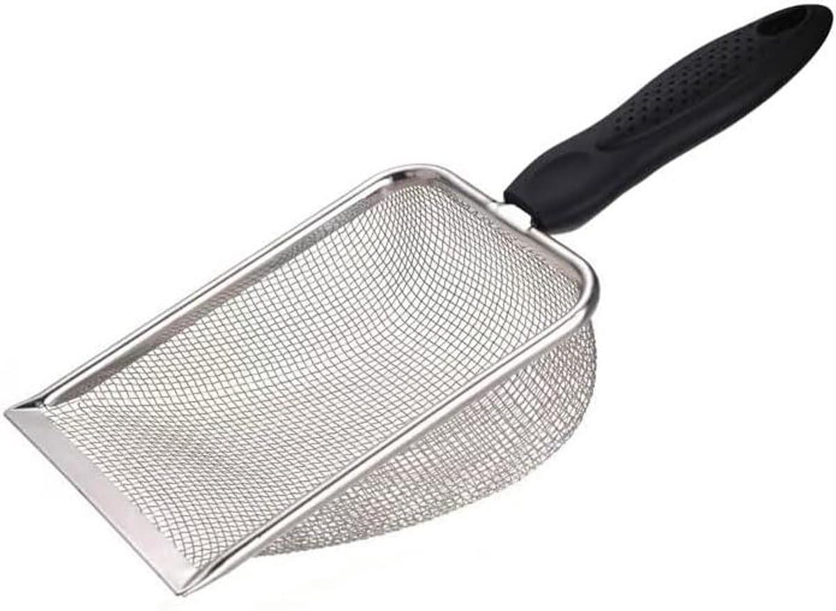 Roestvrij stalen kattenbakschep, 27,5 cm lang, met ergonomische handgreep - Duurzame strooischep voor kattenbak - Fijne mesh van 2 x 2 mm.