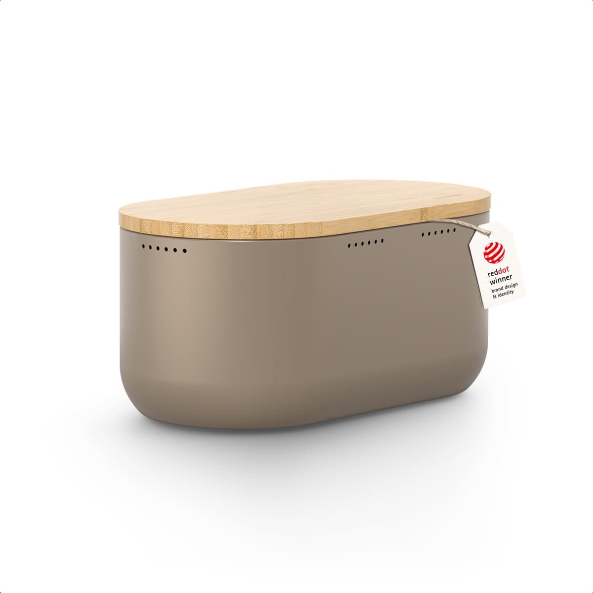 LARS NYSØM Ægte Broodtrommel met linnen broodzak - Bamboe deksel bruikbaar als snijplank - 36x18,5x13,5cm (Taupe Brown)