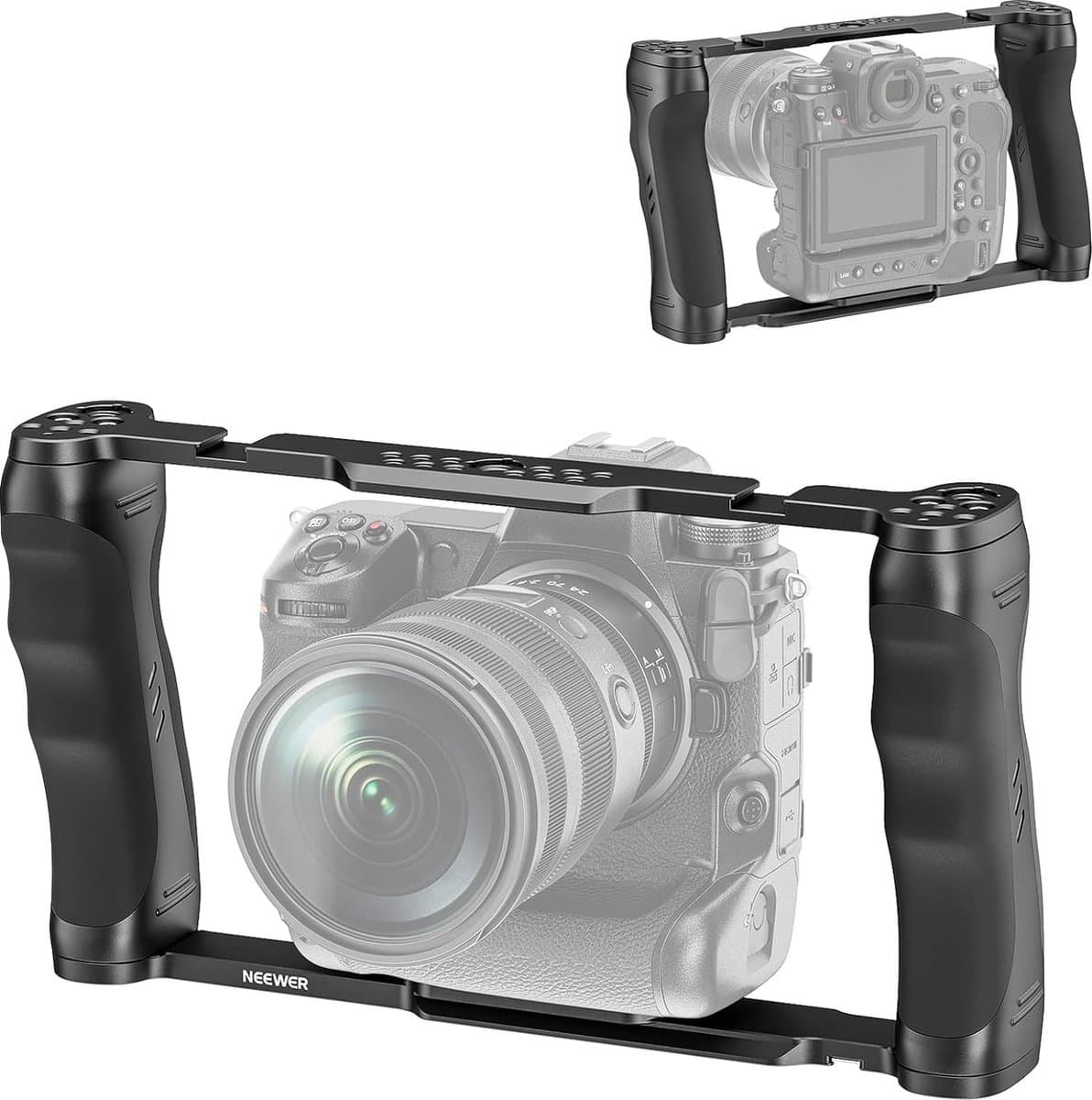 Neewer® - Videocamerakooi - Arca-type basis, dubbele grepen, uitbreidingsgaten, 15 mm staven - Universele stabilisator voor Sony, Canon, Nikon DSLR/DSLM - Compatibel met SmallRig-accessoires