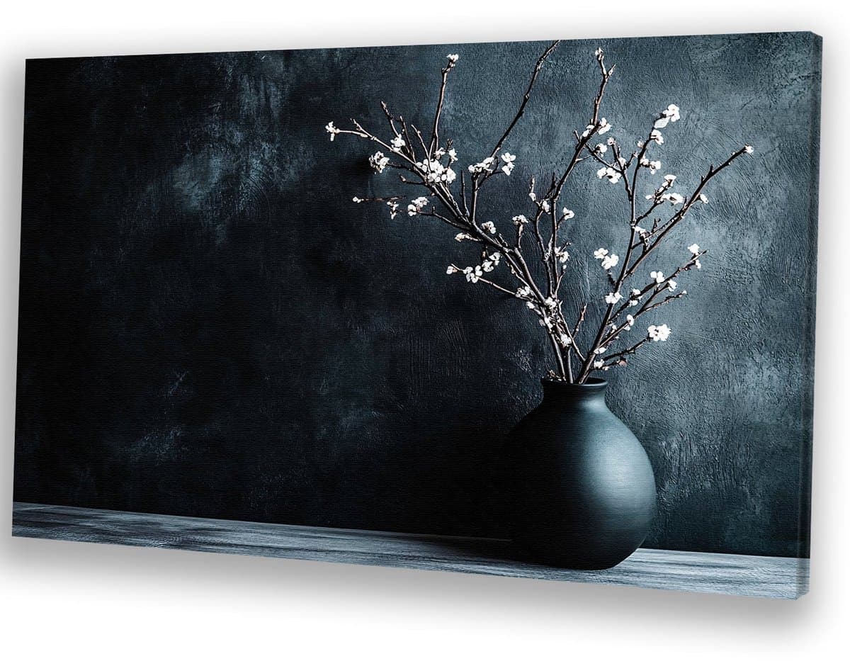 Elegante takken in zwarte vaas - Stilleven wanddecoratie - Schilderij op canvas takken - Minimalisme - Muurdecoratie landelijk - Woonkamer decoratie - Canvas 60x40 cm