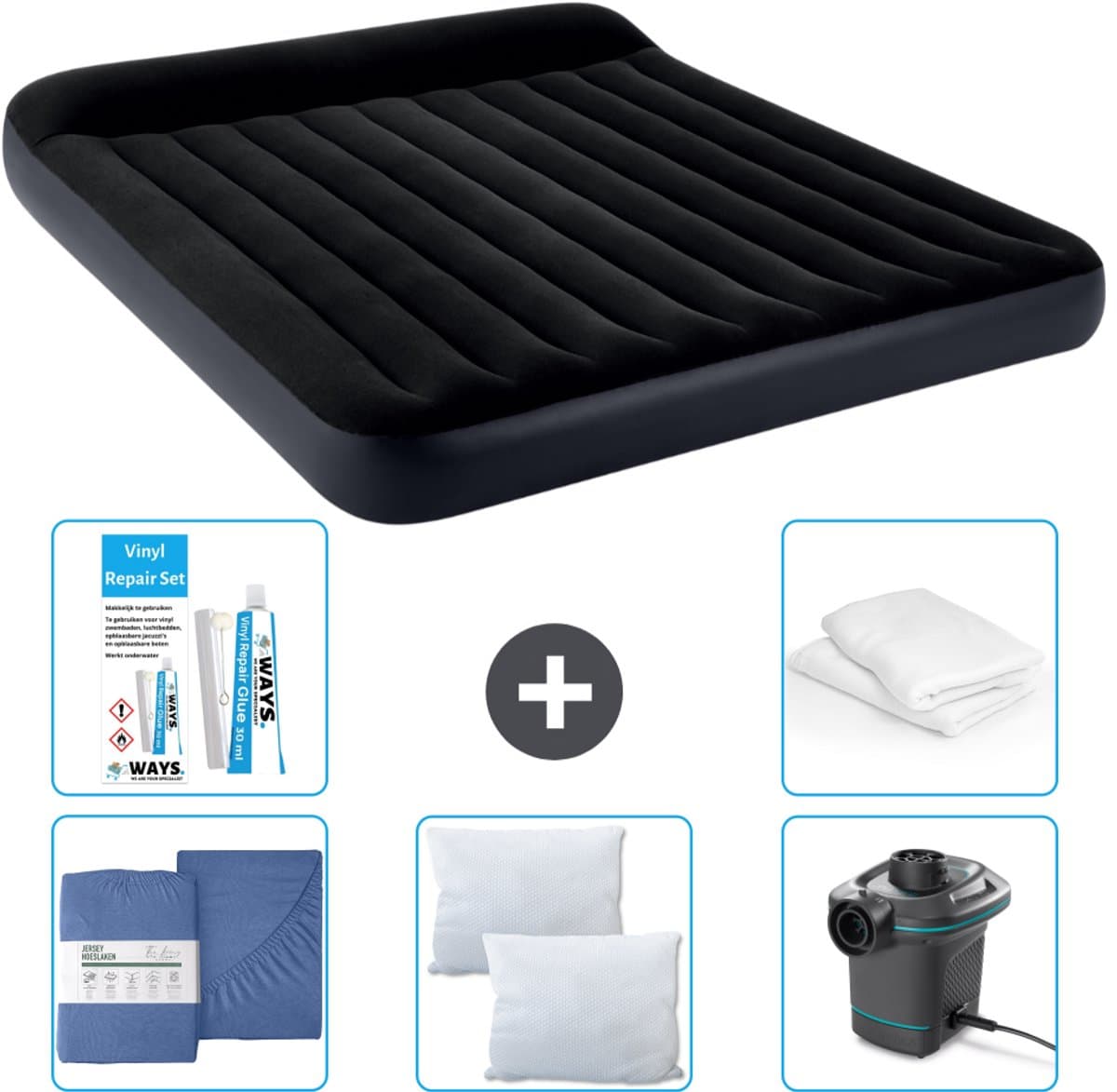 Intex Luchtbed - 2-Persoons - 183 x 203 x 25 cm - Donkerblauw - Inclusief Hoeslaken - Kussen - Pomp - Reparatieset en Kussenbeschermer