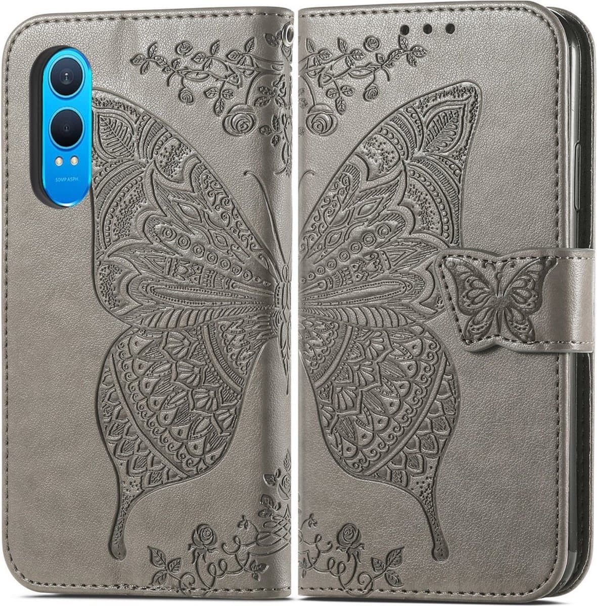 Coverup Hoesje - Geschikt voor OnePlus Nord CE4 Lite 5G Hoesje - Coverup Vlinder Book Case - Taupe Grijs