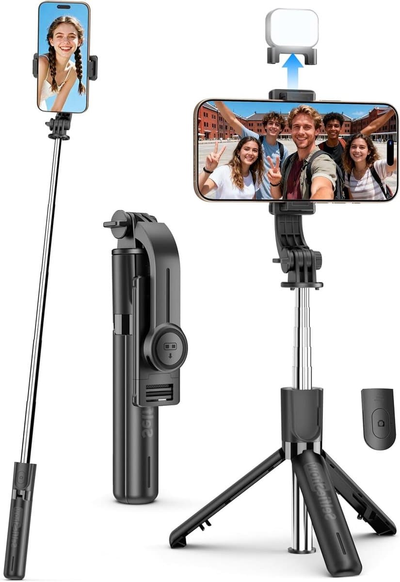 Selfie Stick - Telefoon Statief - Foto's Maken - Met LED Lamp - Tot 170 cm - Zwart