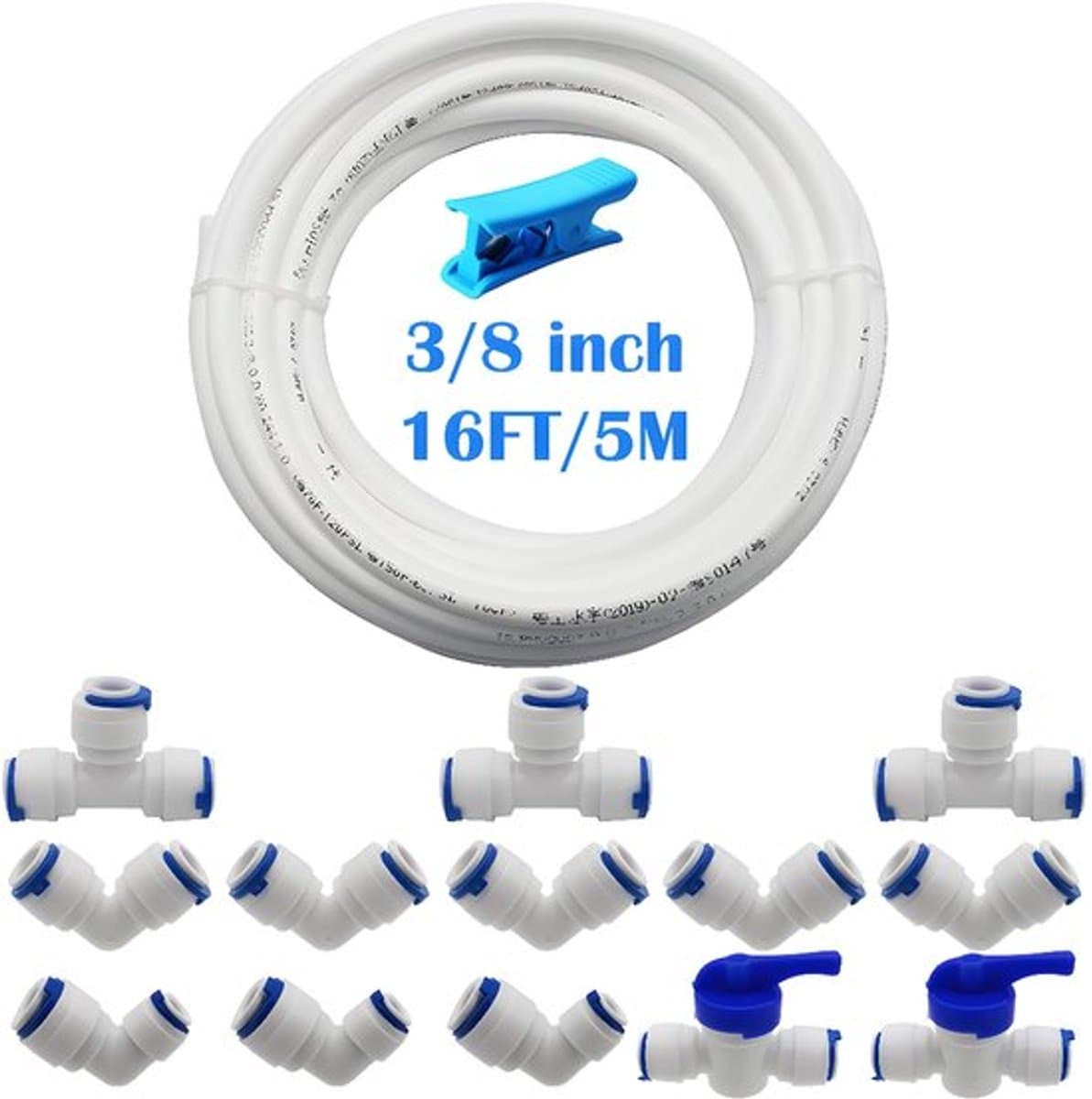RO-waterfilteraansluiting - 3/8 inch aansluiting - Hoge kwaliteit - Wit en blauw - koelkastslang met afsluiter - Geschikt voor koud water