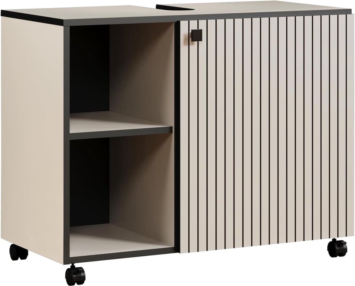 Badkamerkast op wielen - Opbergmeubel - Badkamer Organisatie - Geribbelde look - 80x64x42 cm - Cashmere Beige