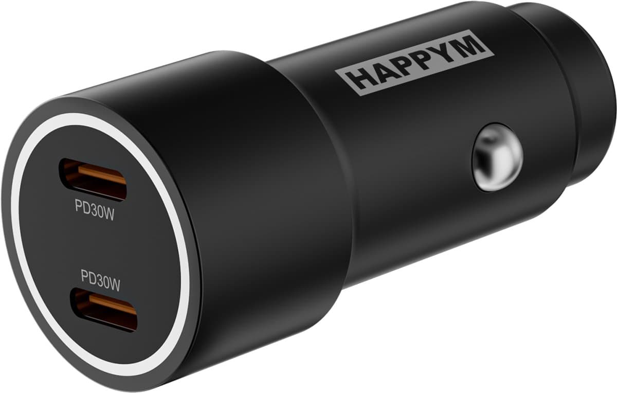 Happym USB C Autolader - 60W - 2x USB-C PD 30W - Zwart