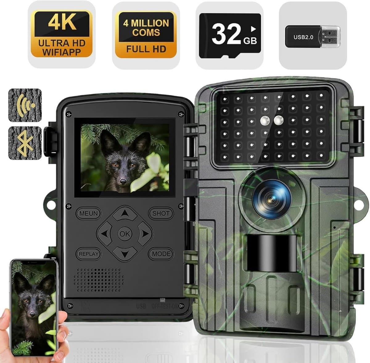 Wildcamera - Nachtzicht Camera - Dieren Observeren - 4K Video 60MP - 32GB Inclusief - Bruin