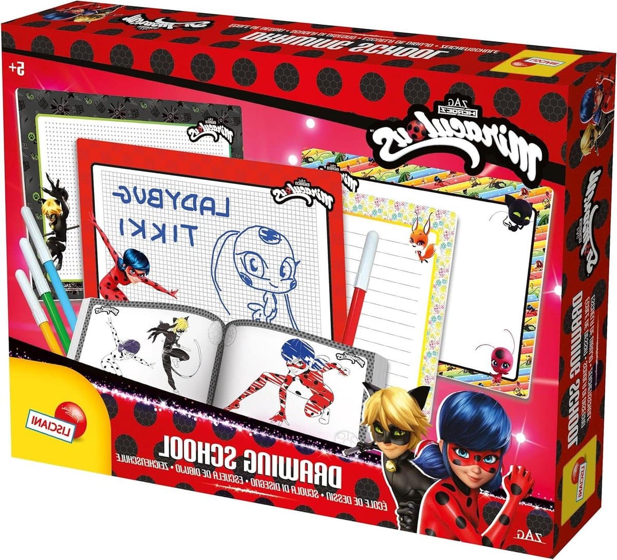 Lisciani - MIRACULOUS - Lady Bug Tekenset - Creatieve Hobby's voor Kinderen vanaf 5 Jaar - 4 Wisbare Tekentabletten + 4 Markers + Tekeningenboek om te Leren Tekenen - Gemaakt in Italië