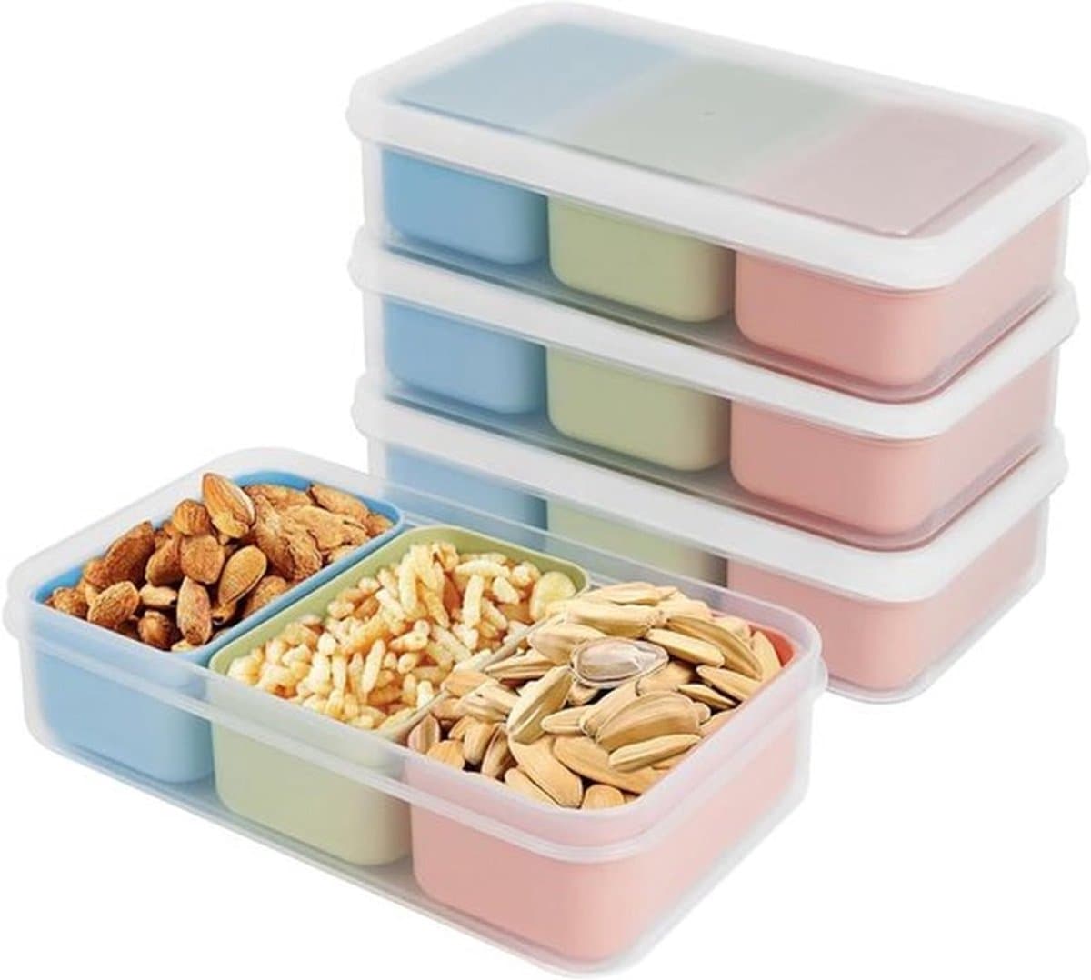 - Herbruikbare voedselbereidingsbox met 4 set snackbakjes - Uitneembare compartimenten - Geschikt voor koelkast, magnetron en vaatwasser - Mini snackbakjes voor voedselbereiding (inhoud per bakje: 4,5 oz)