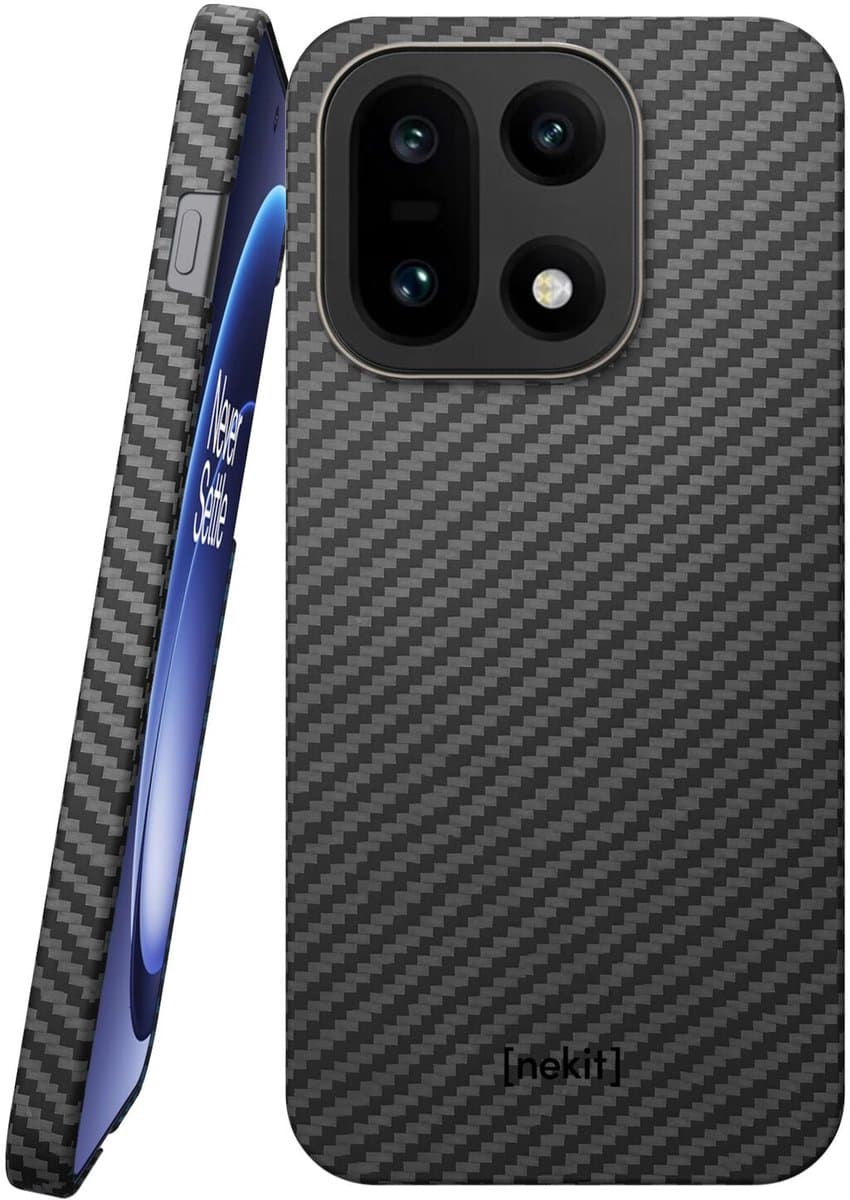 NEKIT Fiber Hoesje Geschikt voor OnePlus 15 - Compatibel met MagSafe en Qi2 - High-Tech Kevlar - Back Cover Ultra Dun - Grijs/Zwart